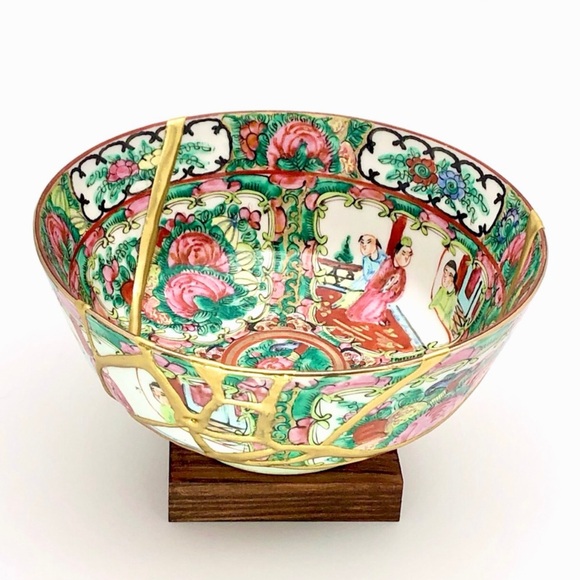 Chinese Famille Rose Bowl Pink Floral Kintsugi Gold Crack Personal Growth Gift - Picture 11 of 11